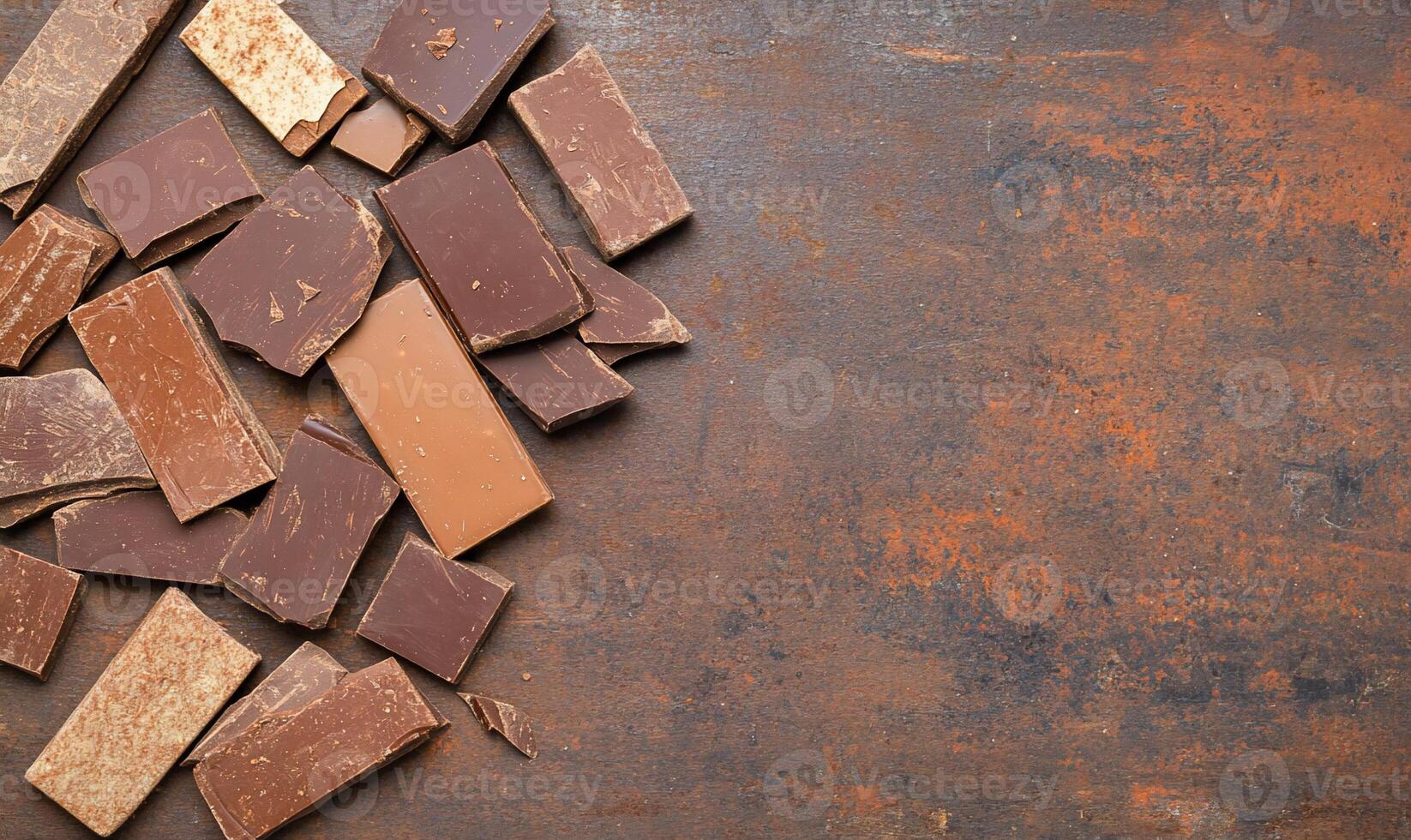 Broken dark and milk chocolate pieces on rustic surface photo
