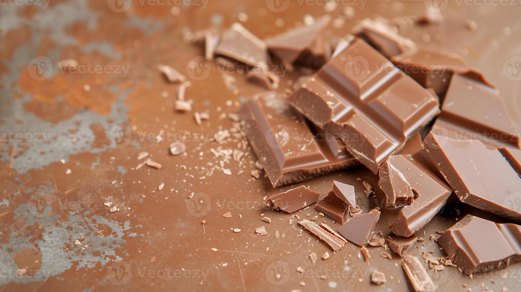 Broken milk chocolate bar pieces scattered on a surface photo