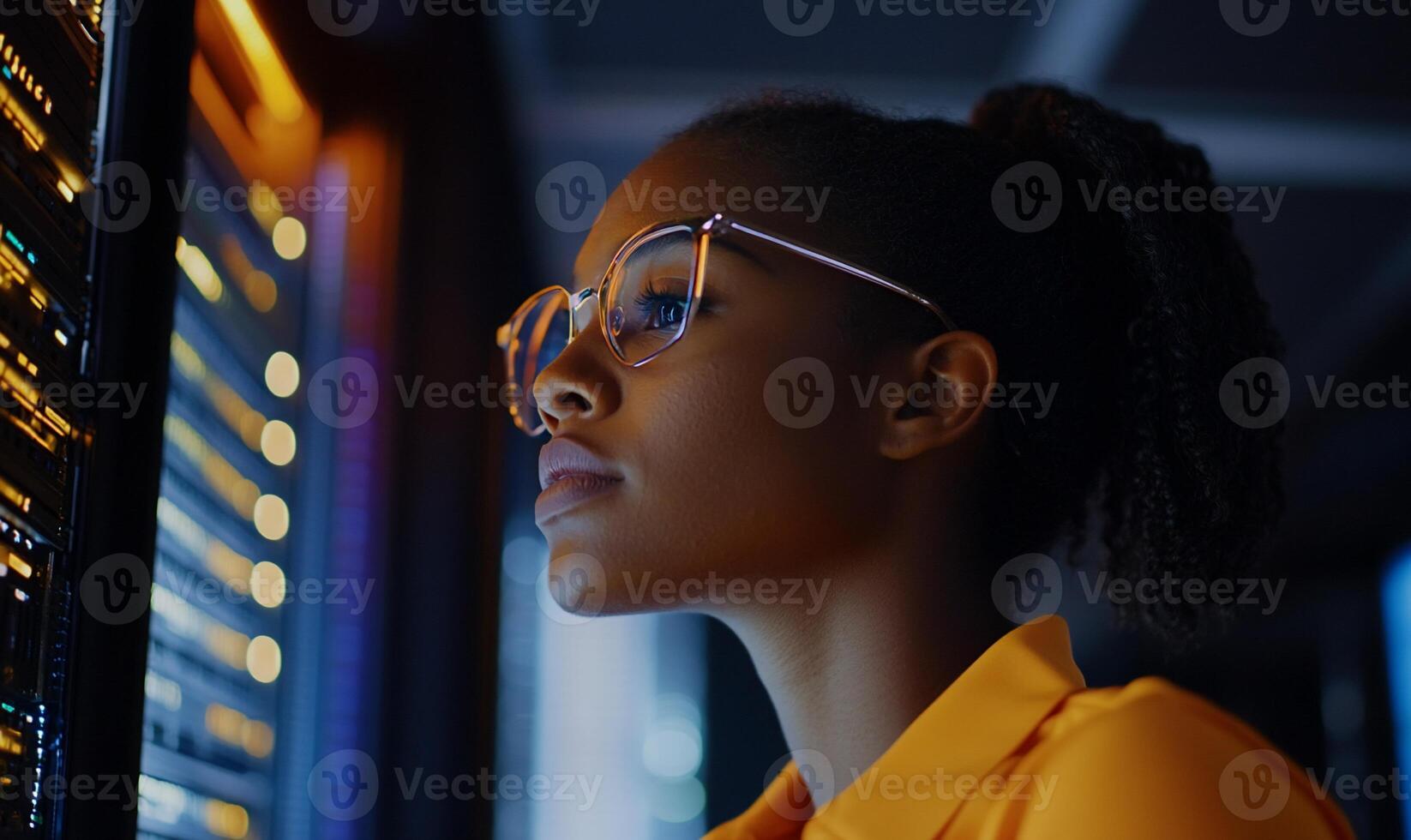 Focused woman in server room photo