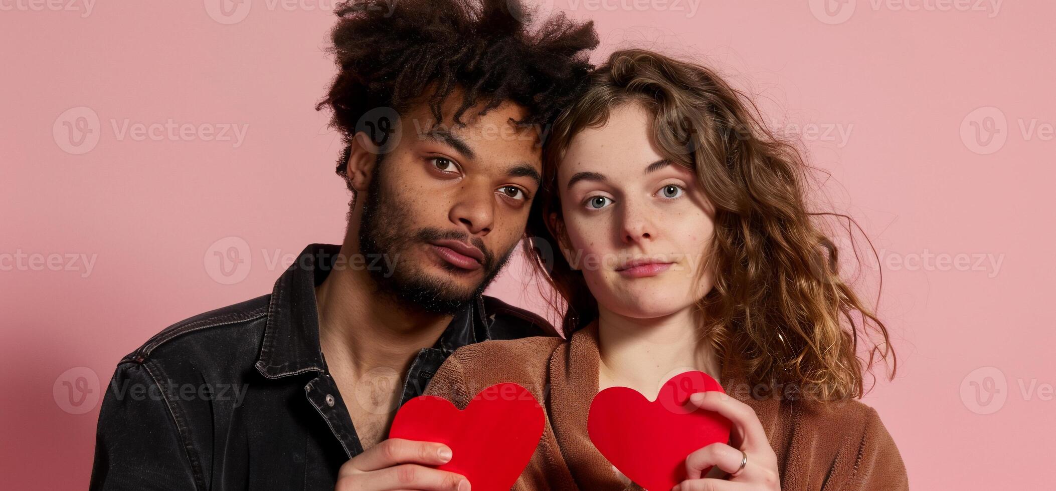 Couple holding hearts, expressing mixed emotions photo