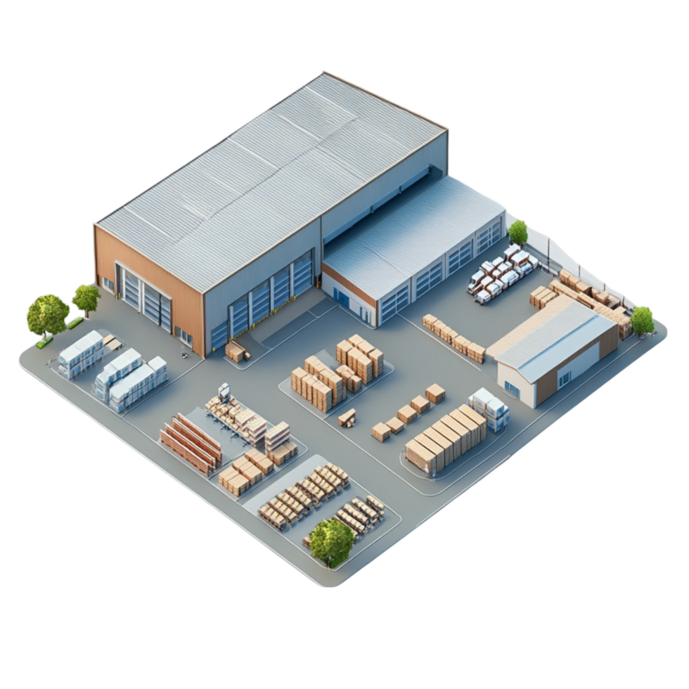 An industrial warehouse with many different types of products png