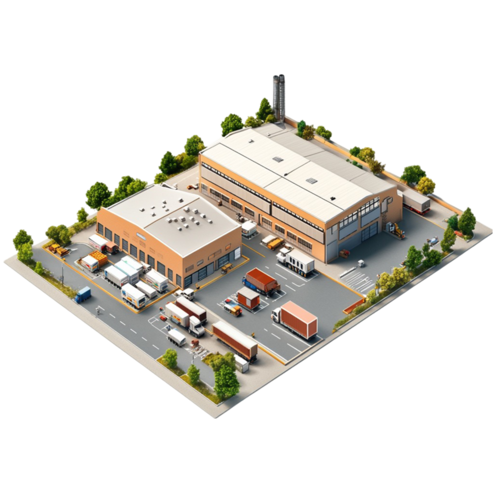 An isometric view of a warehouse with trucks and cars png
