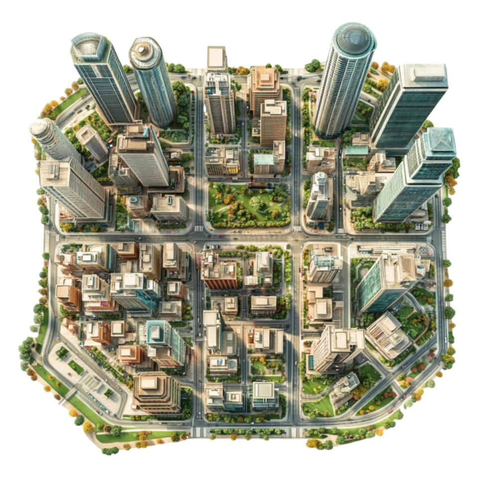 A city with tall buildings and trees png