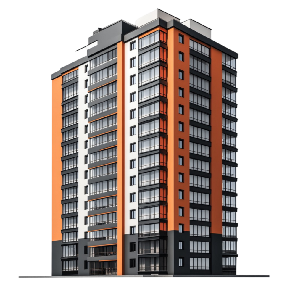 A rendering of a tall building with orange and white windows png