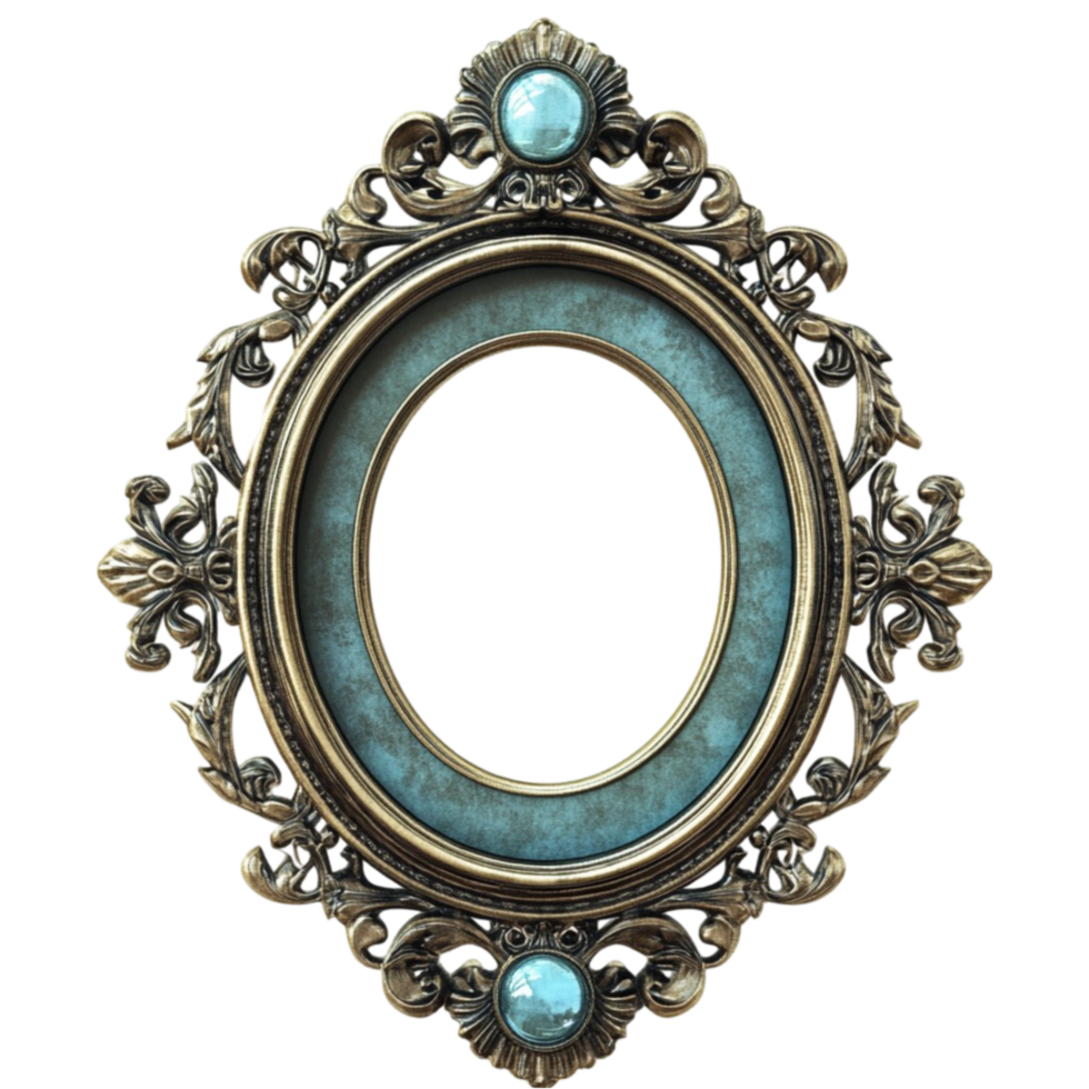 An ornate gold frame with turquoise stones png