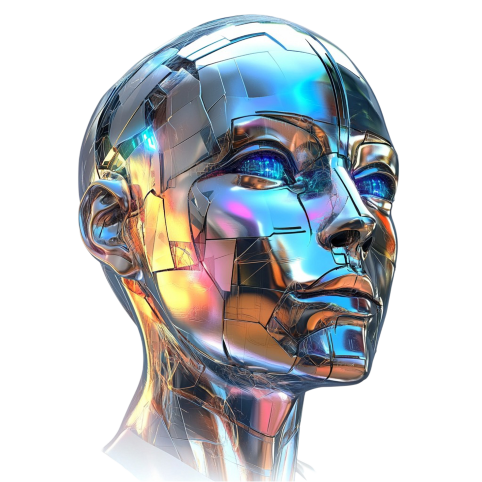 A robot head with a shiny metal body png