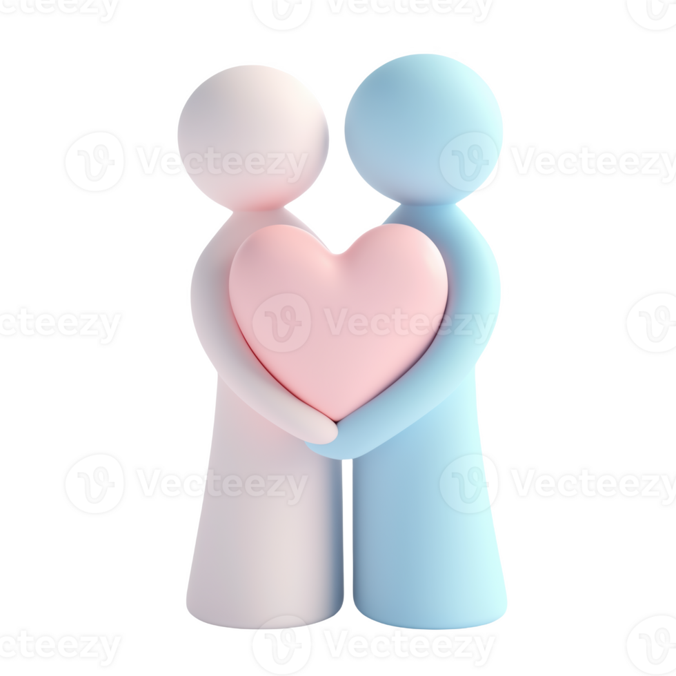 Two figures embracing and holding a heart symbol of love and unity in a playful style png