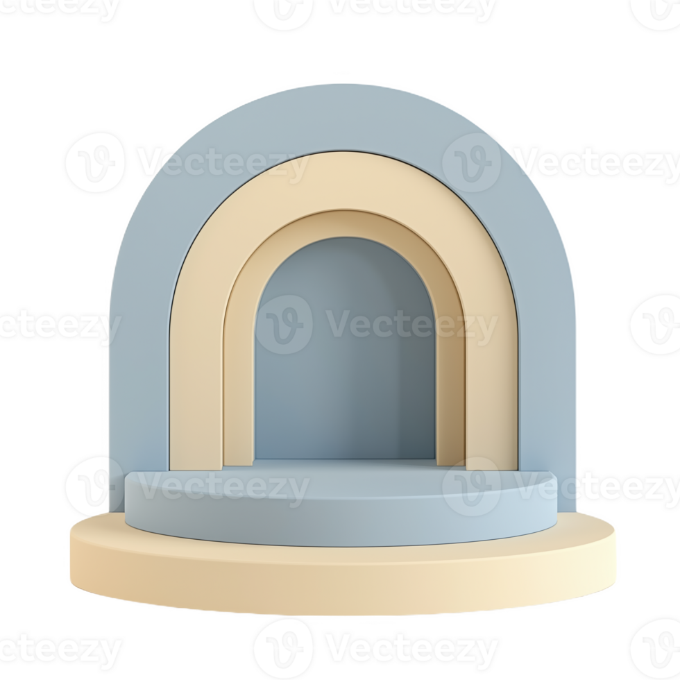 Curved layered podium in soft blue and warm tones for display and events png