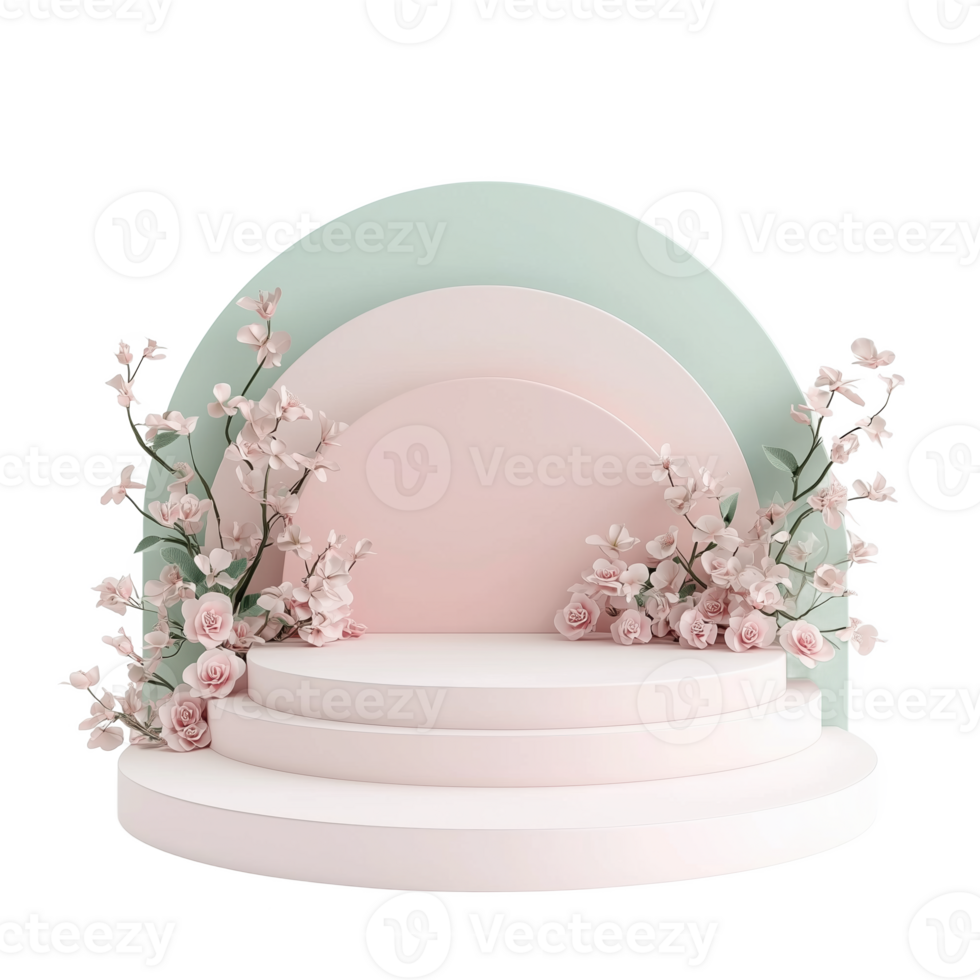 Layered curved podium in soft pink and mint with floral decorations for events png