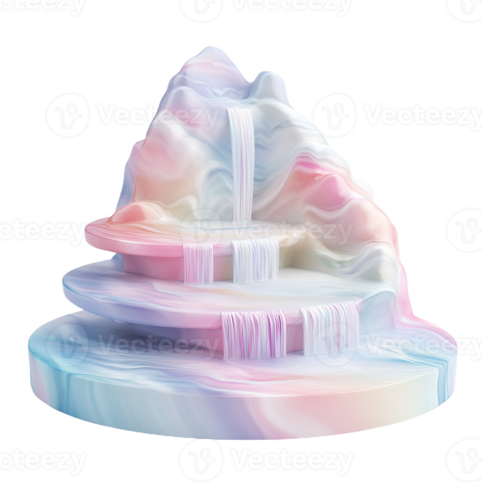 Whimsical podium with layered design and flowing waterfalls in pastel colors png