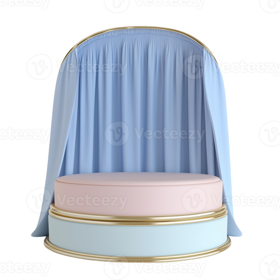 Curved layered podium in soft blue with elegant draping for events and presentations png