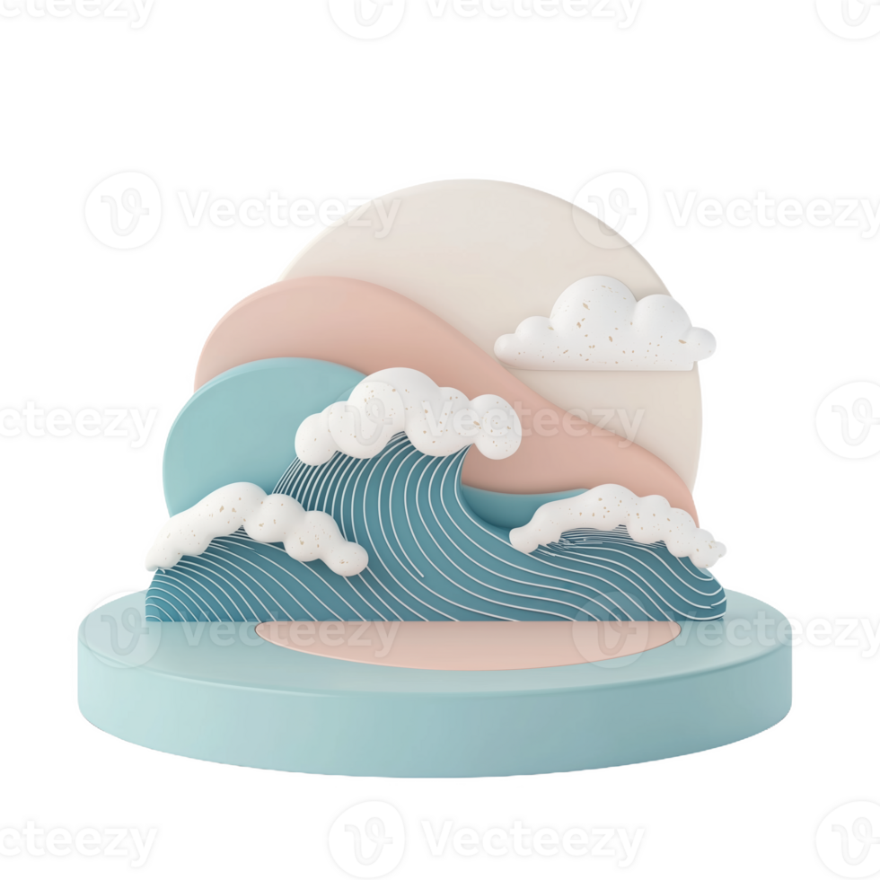 Pastel geometric podium with waves and clouds in a serene coastal setting png