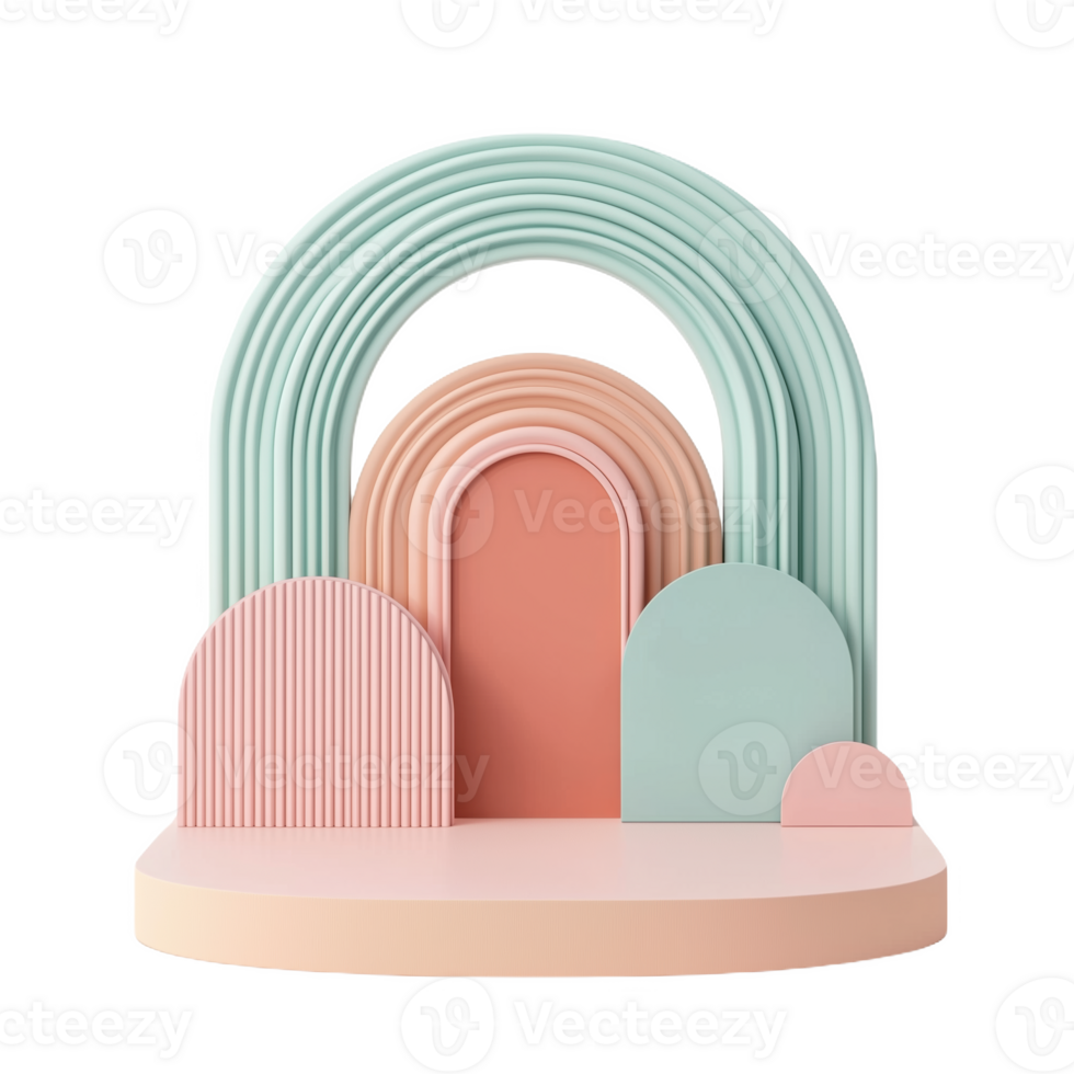 Pastel colored geometric podium design featuring arches and circular shapes png