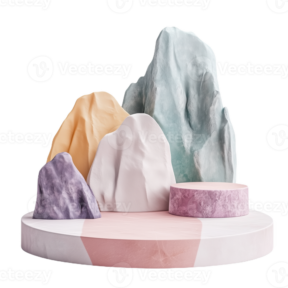 Pastel geometric podium with colorful cliff designs for modern decor display png