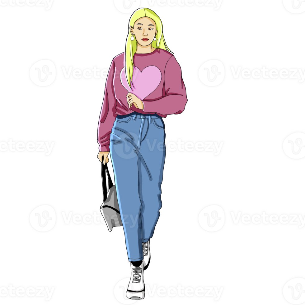 A blonde girl walking on the street with pink sweatshirt png