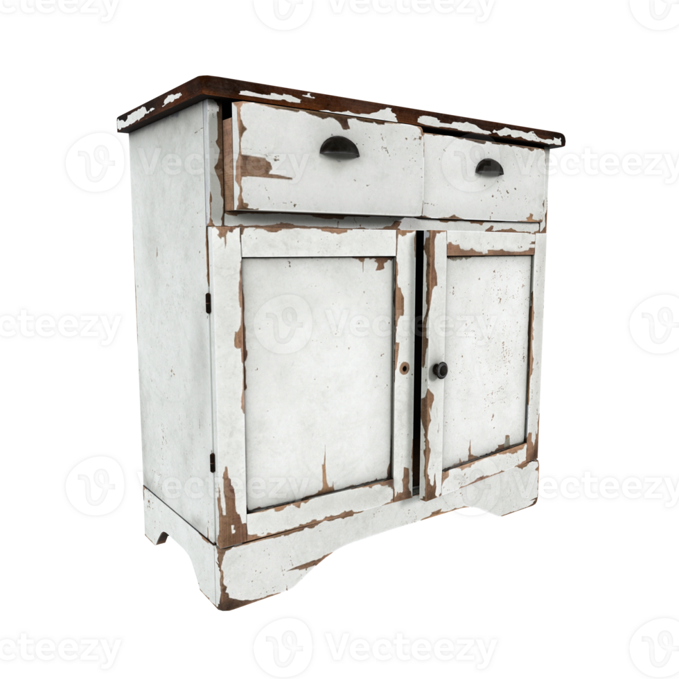 Rustic wooden cabinet with white finish and brown top in 3d rendering png