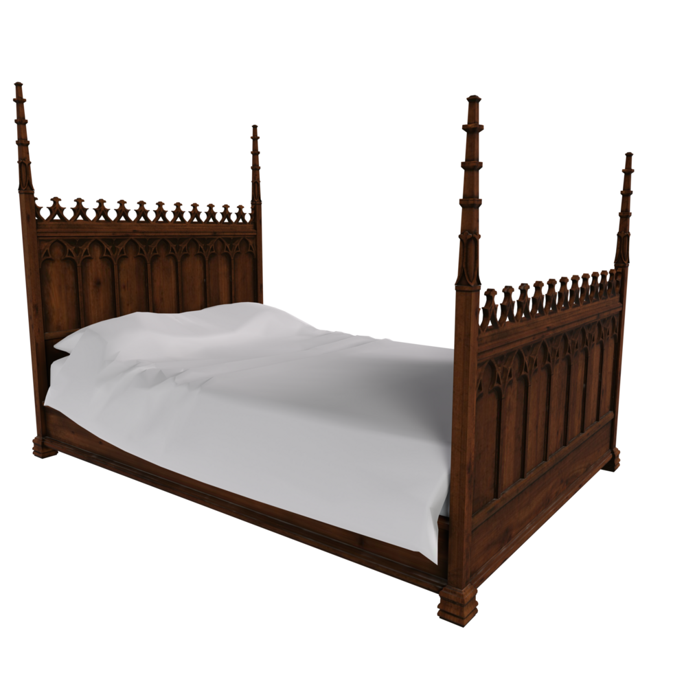 Elegant 3D rendering of a gothic style wooden bed with pointed posts png