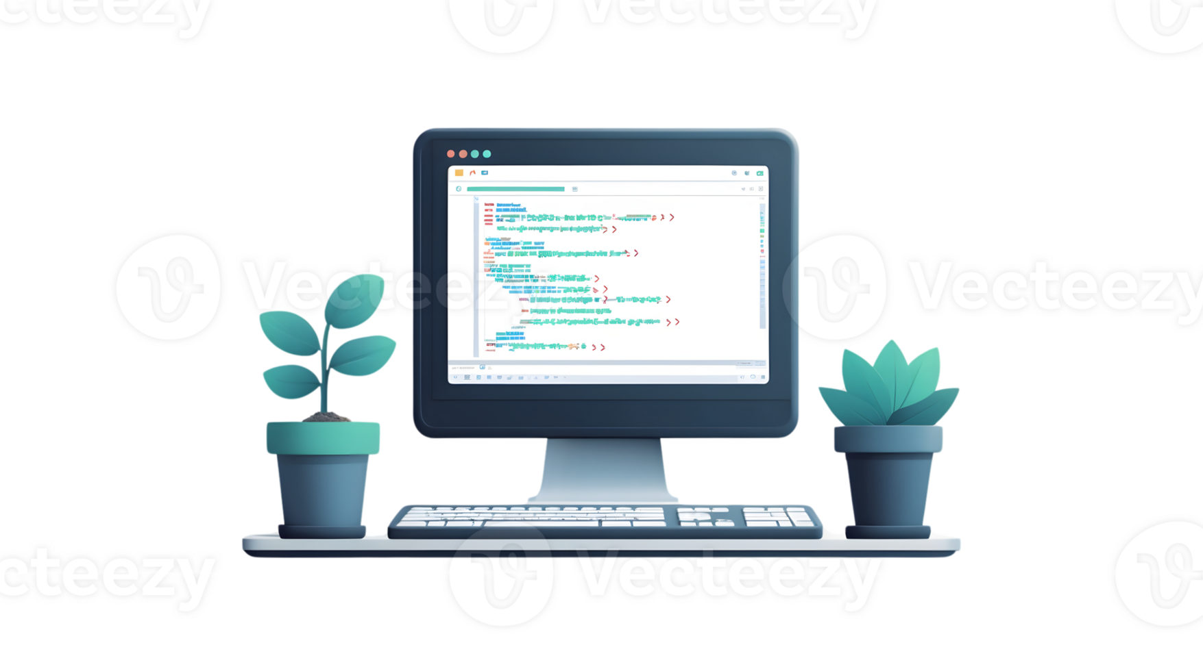 Modern Workspace Setup with Computer, Keyboard, and Plants for Productivity and Aesthetics png