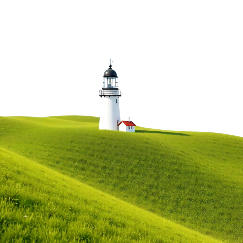 A lighthouse on top of a hill with grass and trees png