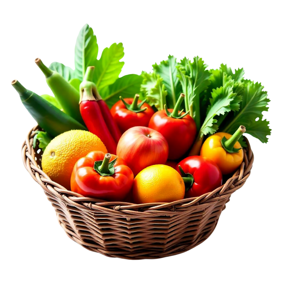 Fresh organic vegetables and fruits in wicker basket png