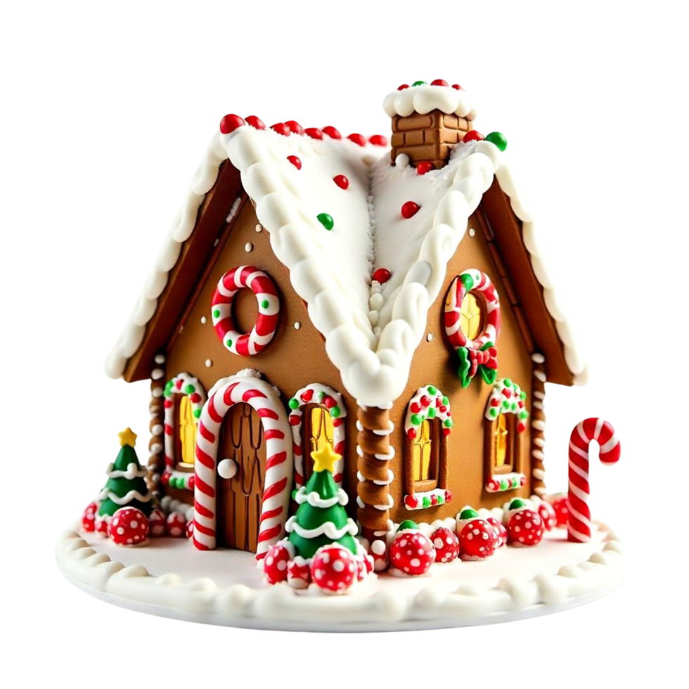 A gingerbread house with candy canes and decorations png