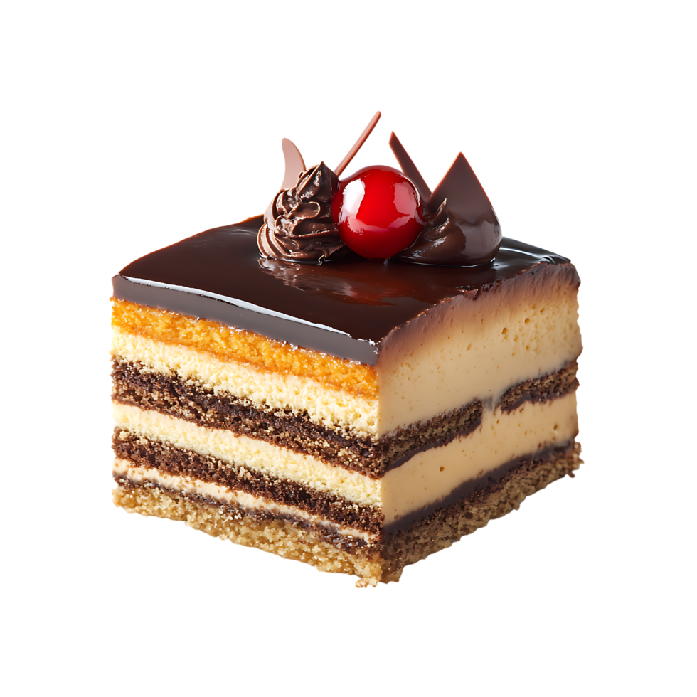 piece of cake with chocolate and cherries on top png