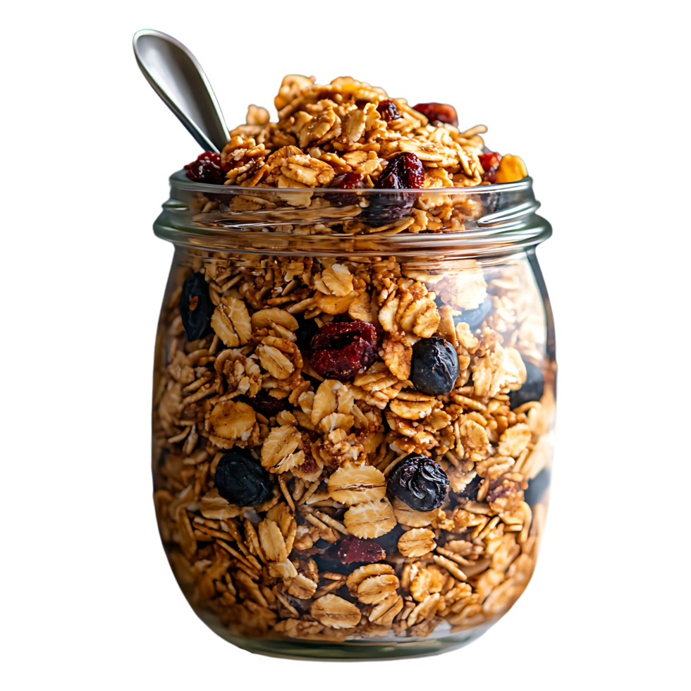 Granola in a jar with a spoon png