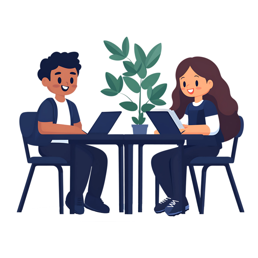 Two people sitting at a table with laptops png