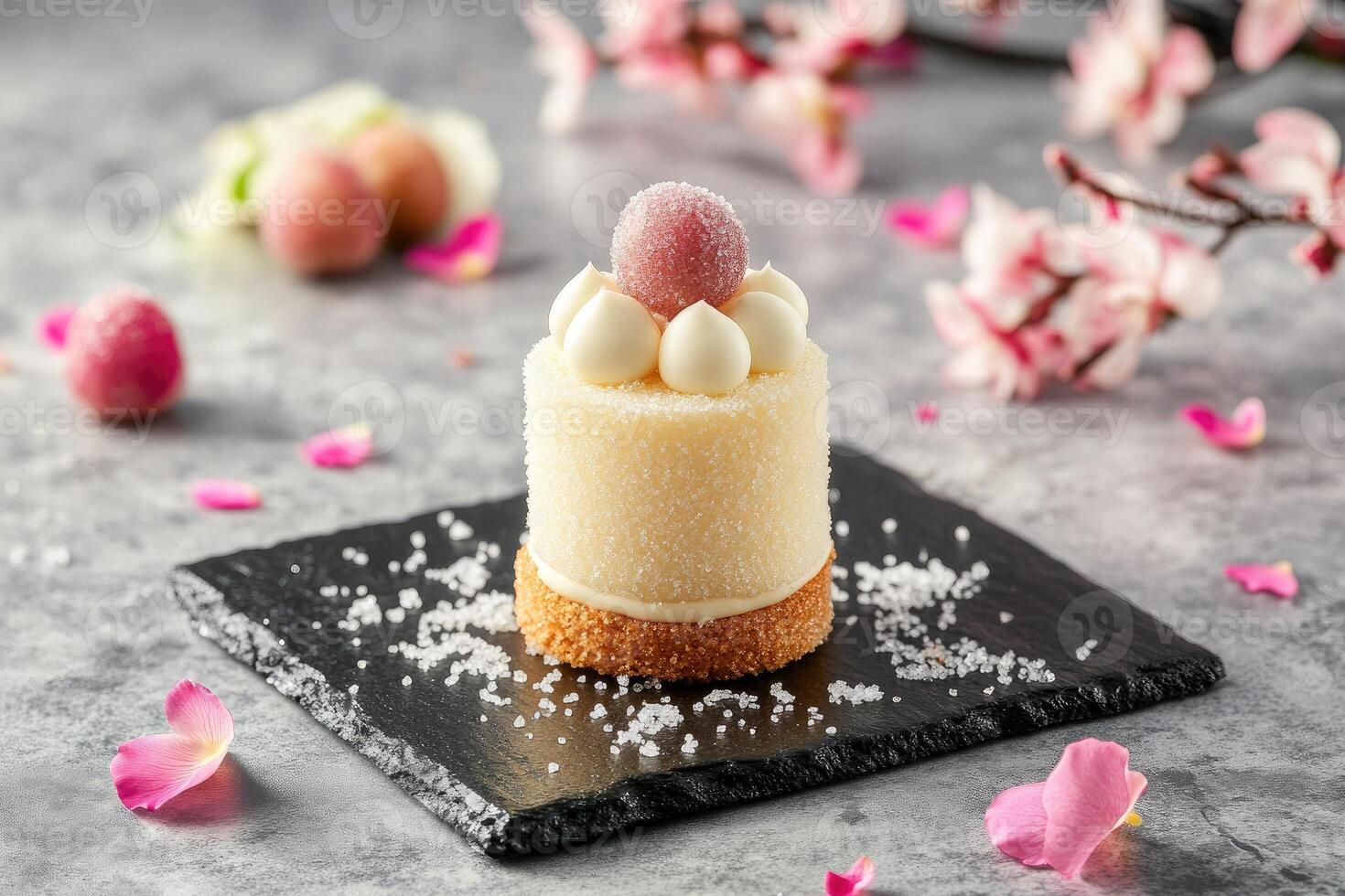 Elegant rose-pink entremet on a crisp almond biscuit with lychee and sugared rose petal photo