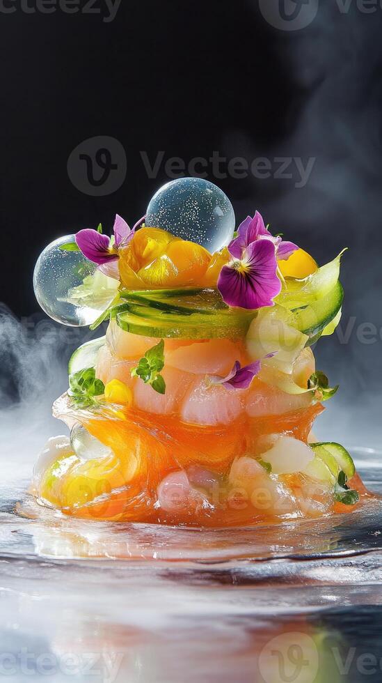 Scallop tartare tower with yuzu dressing and edible flowers showcased on a high-gloss plate amidst a cool mist photo