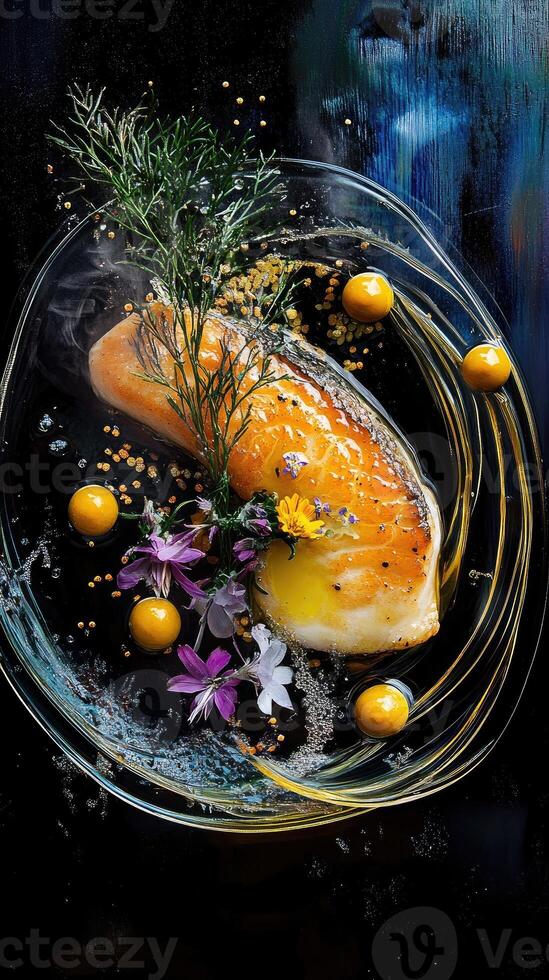 Buttery black cod atop saffron emulsion with infused oil orbs and edible flowers in a striking vertical presentation photo