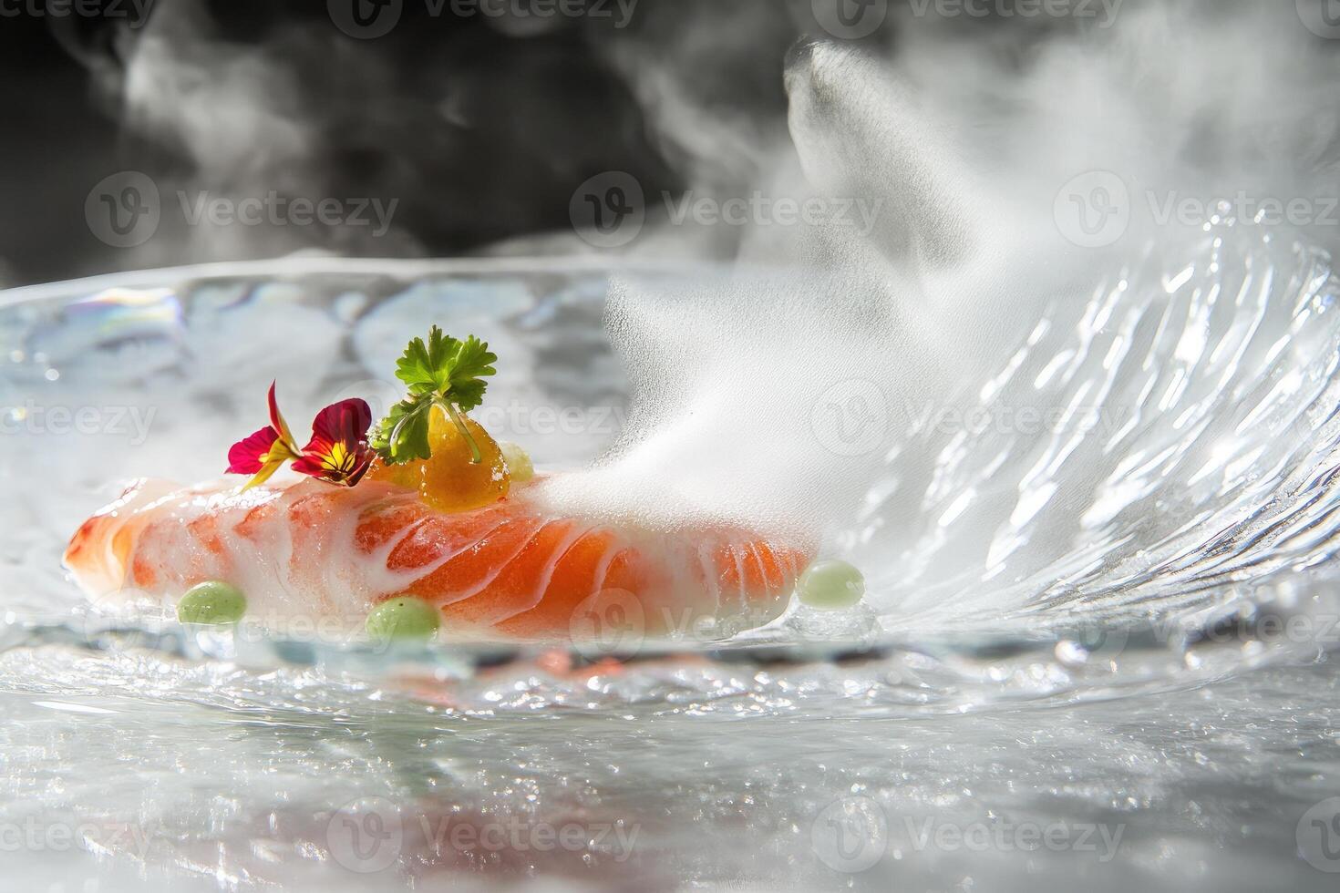 Delicate Arctic char slice enhanced by torched texture and yuzu mist on crystal plate with fresh garnish photo