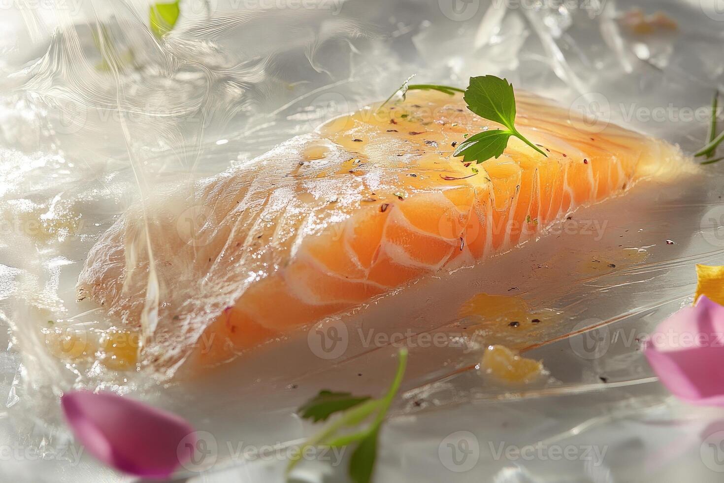 Delicate slice of Arctic char with frozen yuzu mist and floral accents on glass plate photo