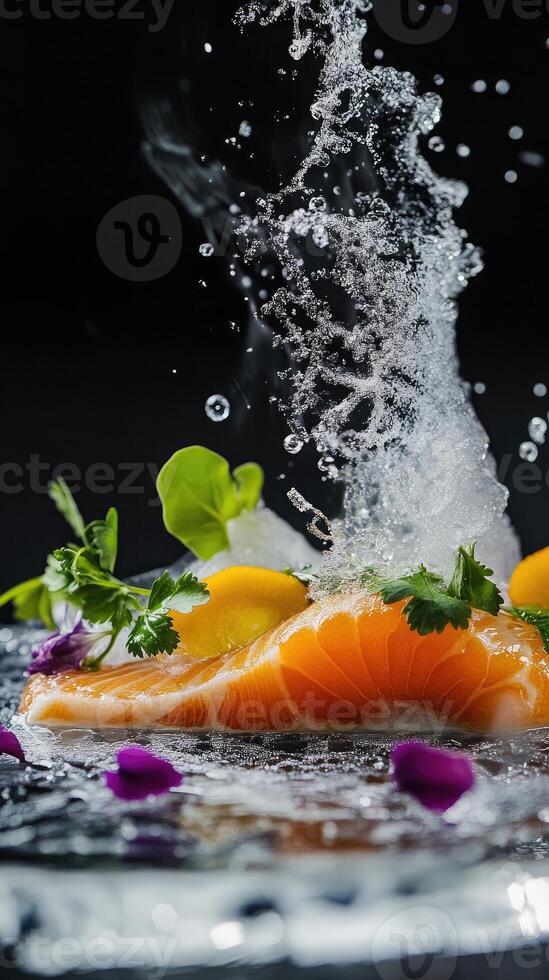 Delicately torched Arctic char served on a crystalline plate with yuzu mist and vibrant garnishes photo