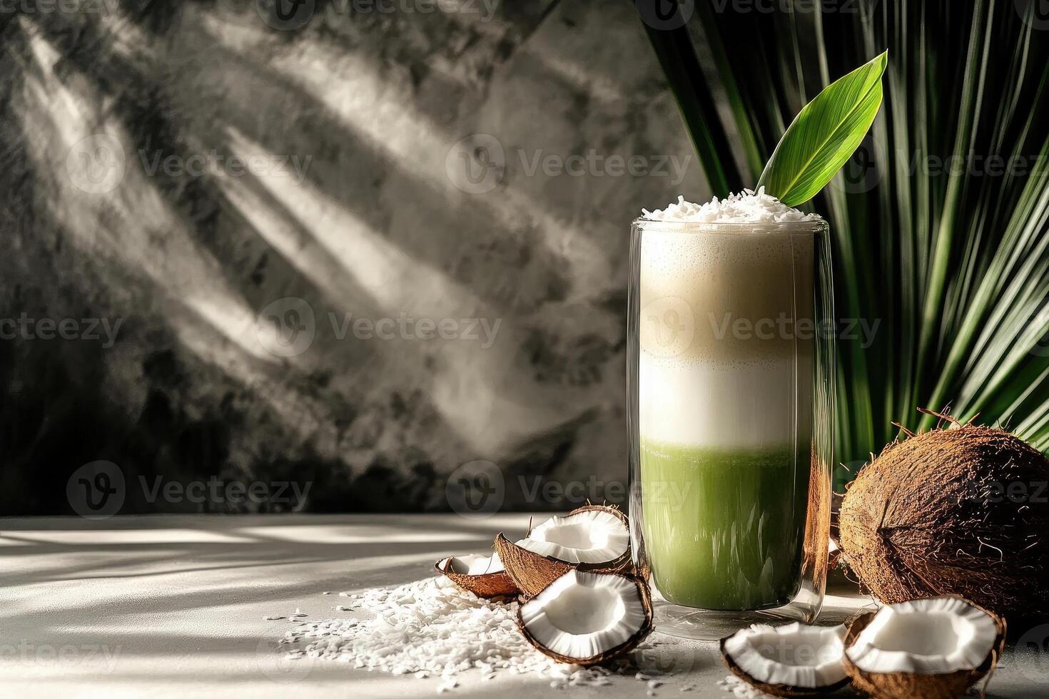 Vibrant pandan coconut milk tea served in a sleek glass, highlighted against a dramatic black backdrop photo