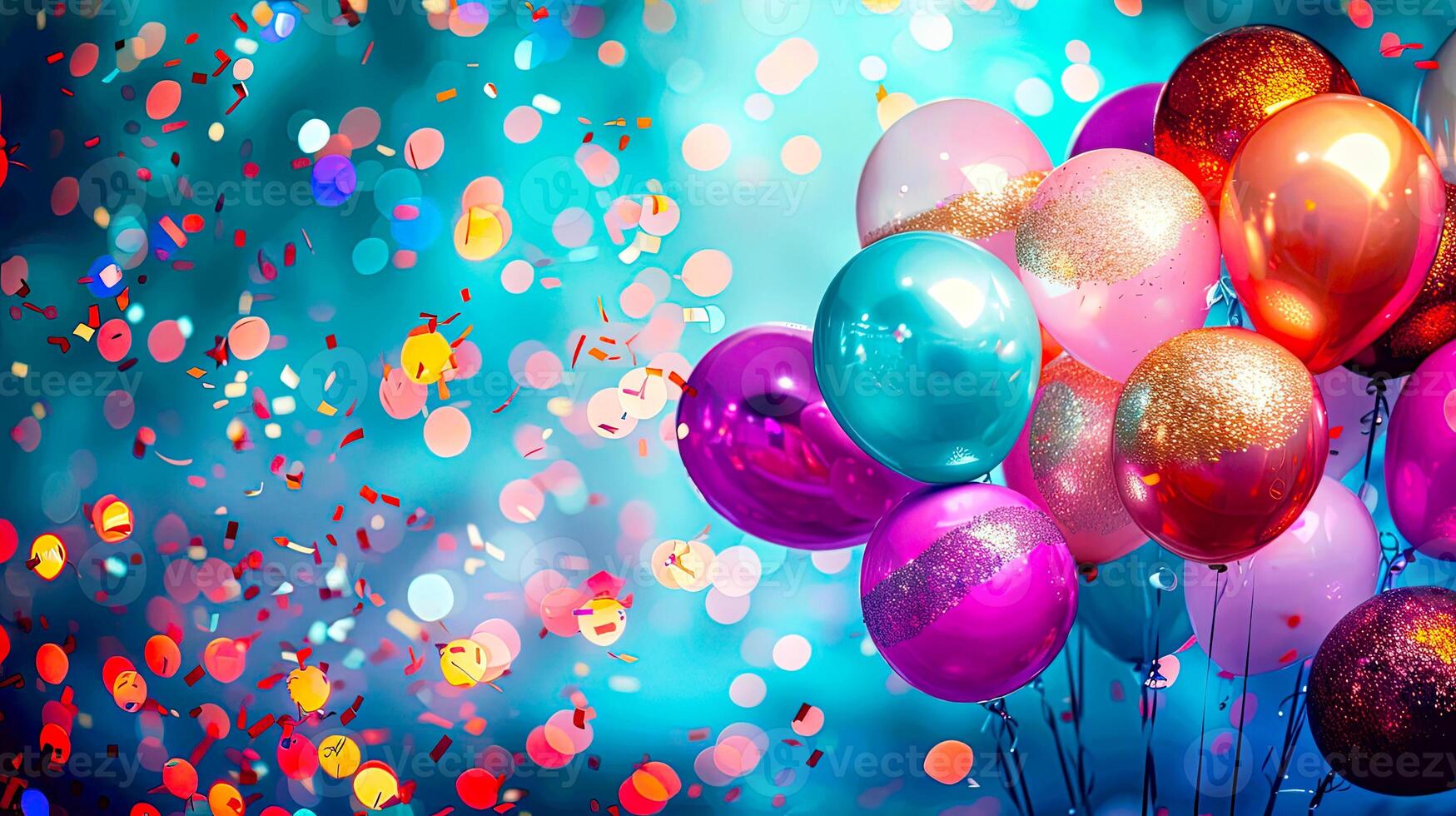 Colorful balloons and confetti create a festive atmosphere full of joy, perfect for celebrations and parties on a vibrant blue background. photo