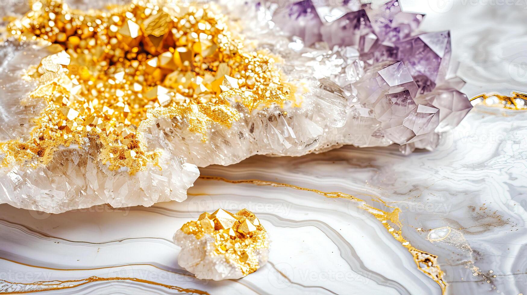Close-up of a stunning geode featuring golden crystals and purple quartz formations, set against a swirling marble background. photo