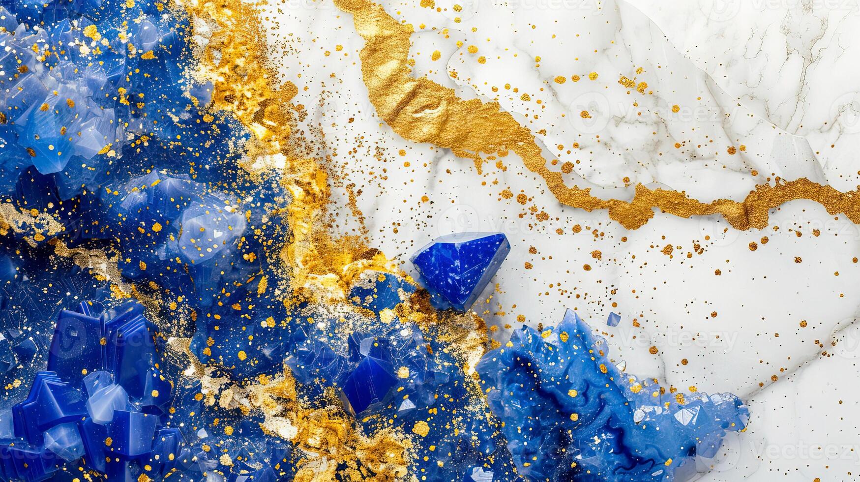 Close-up of vibrant blue and gold crystal formations on a white marble background, showcasing stunning natural mineral textures. photo