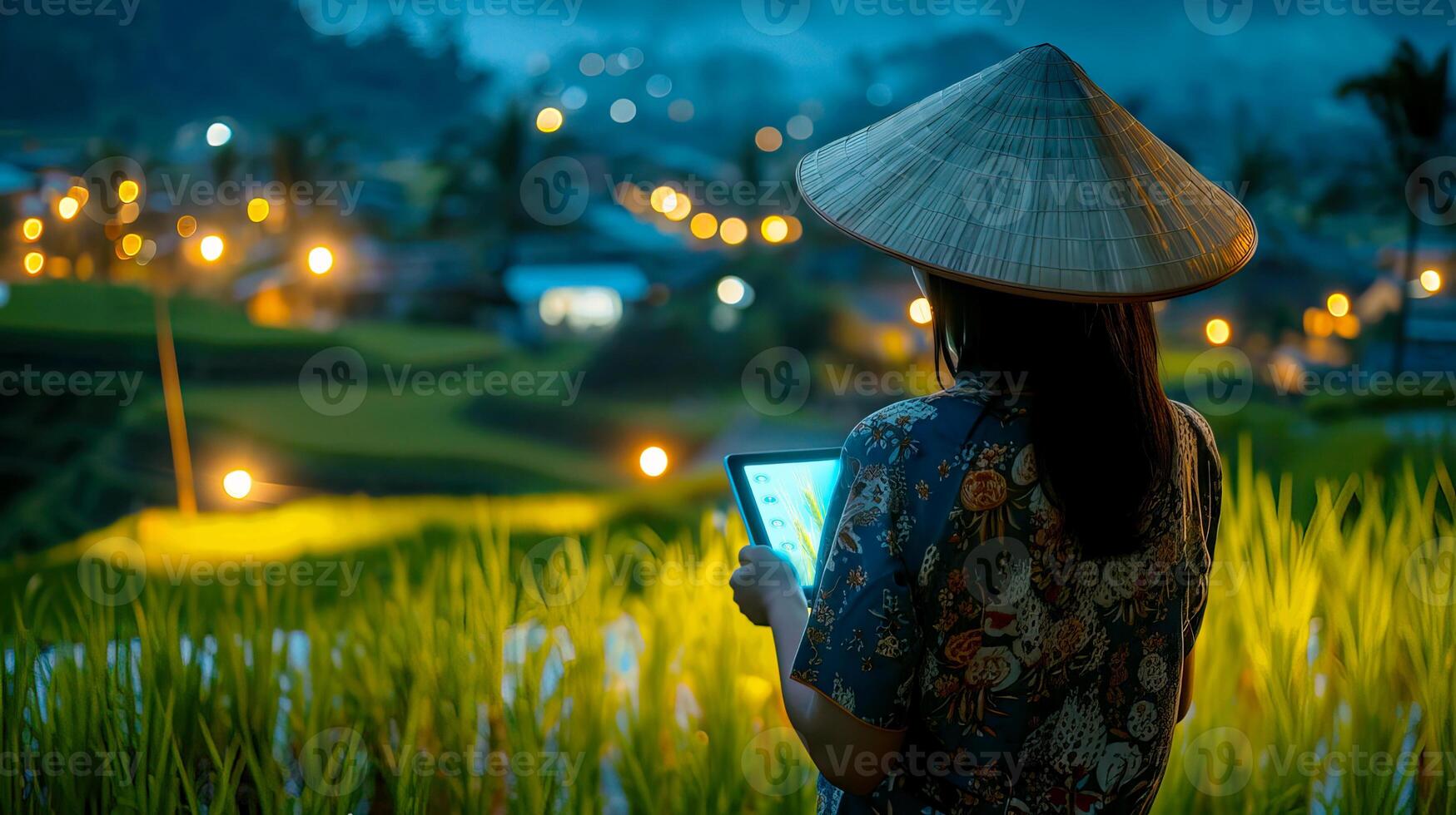 Farmer Using Tablet in Rice Field During Evening with Lights photo