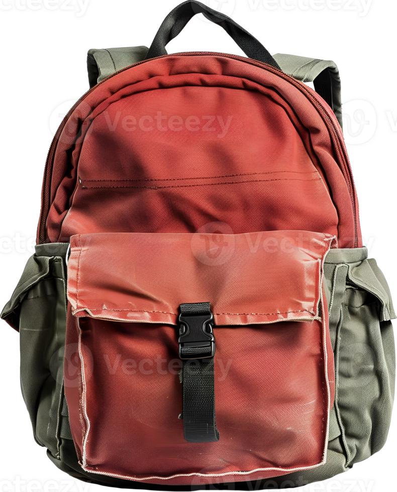 A worn leather travel backpack cut out photo png