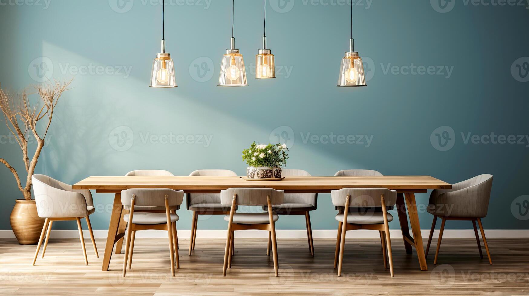 Modern dining room with a large wooden table, stylish chairs, pendant lights, and minimal decor creating a cozy and elegant atmosphere. photo