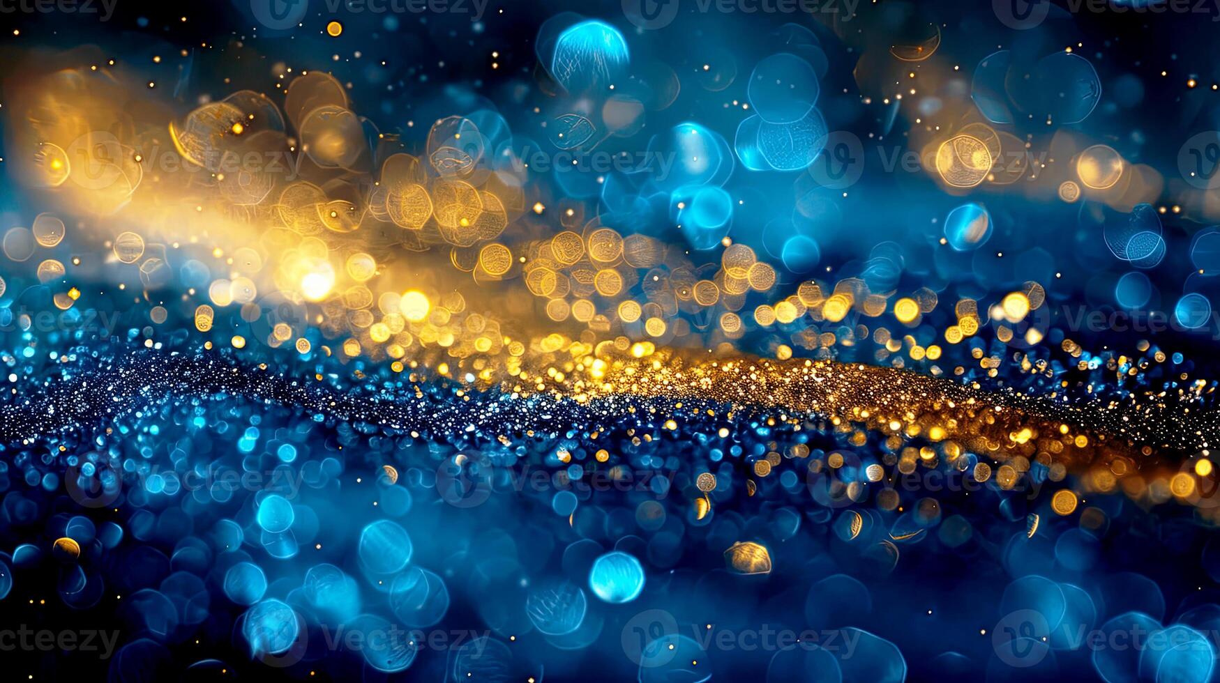 Vibrant abstract background with blue and gold bokeh lights creating a dynamic and festive atmosphere, perfect for holiday designs. photo