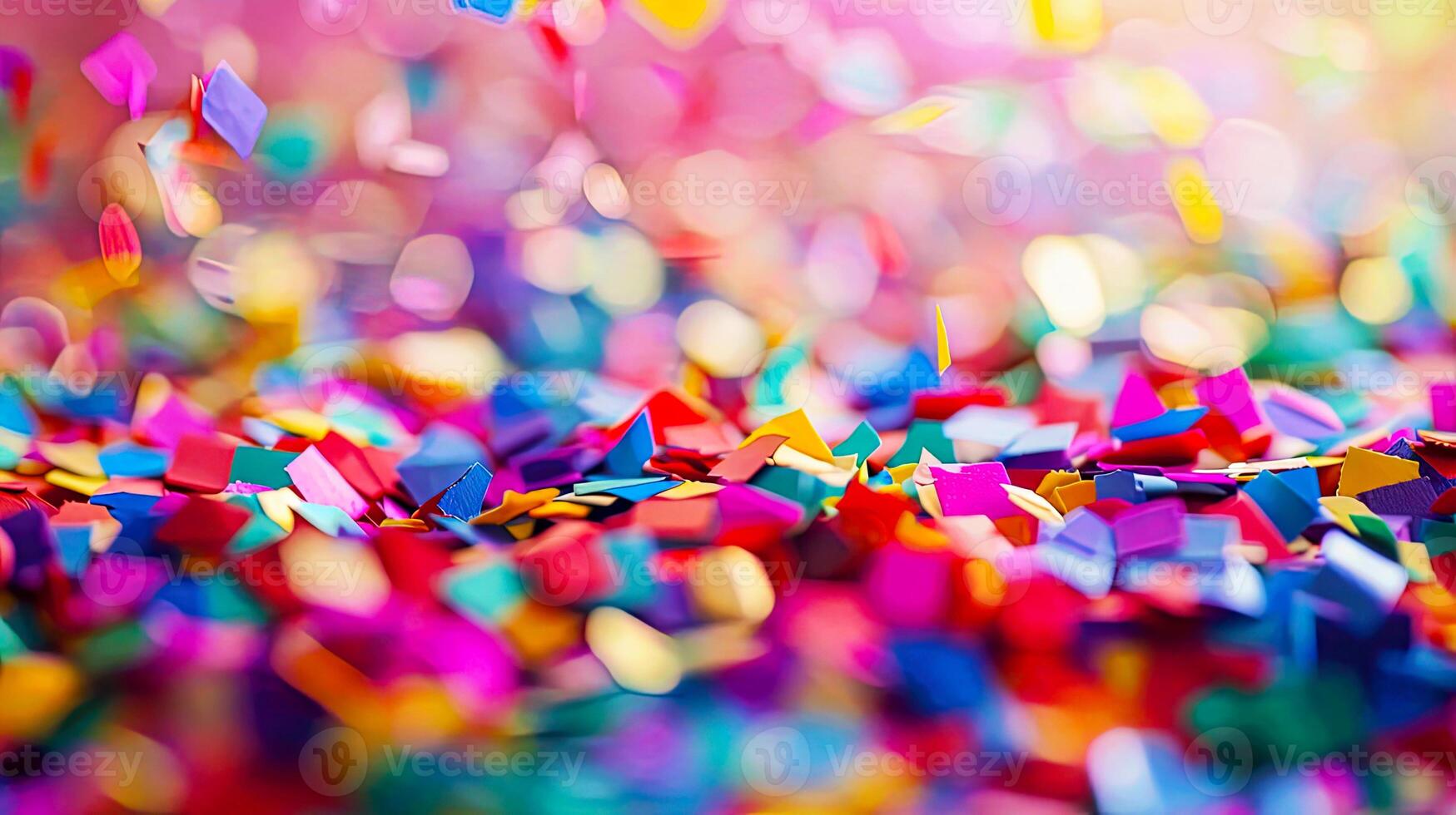 Vibrant macro shot of colorful confetti scattered across a surface, creating a festive and celebratory atmosphere with a bokeh effect. photo