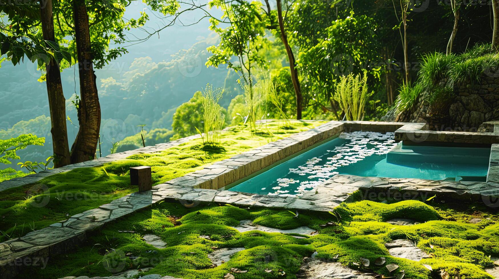 Tranquil outdoor pool surrounded by lush greenery and moss in a serene forest setting, bathed in warm sunlight. Perfect for relaxation and nature lovers. photo