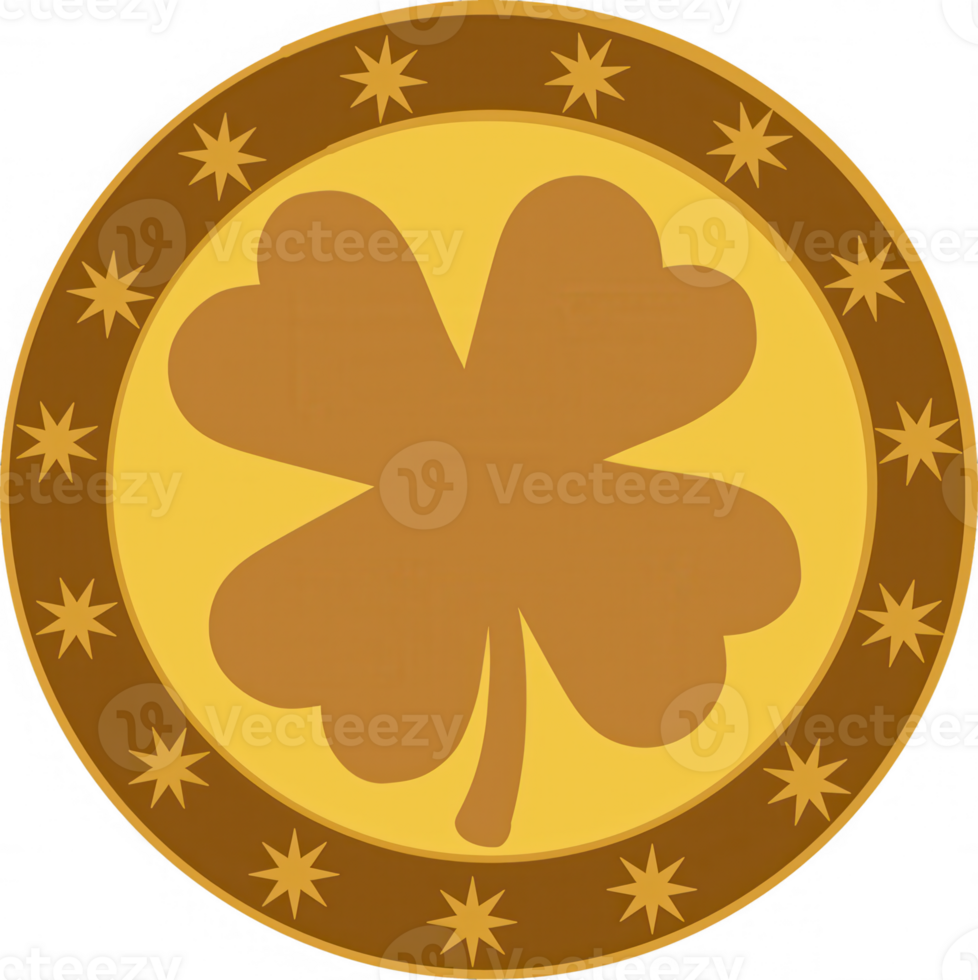 Illustration of a golden coin featuring a four-leaf clover symbolizing luck. png