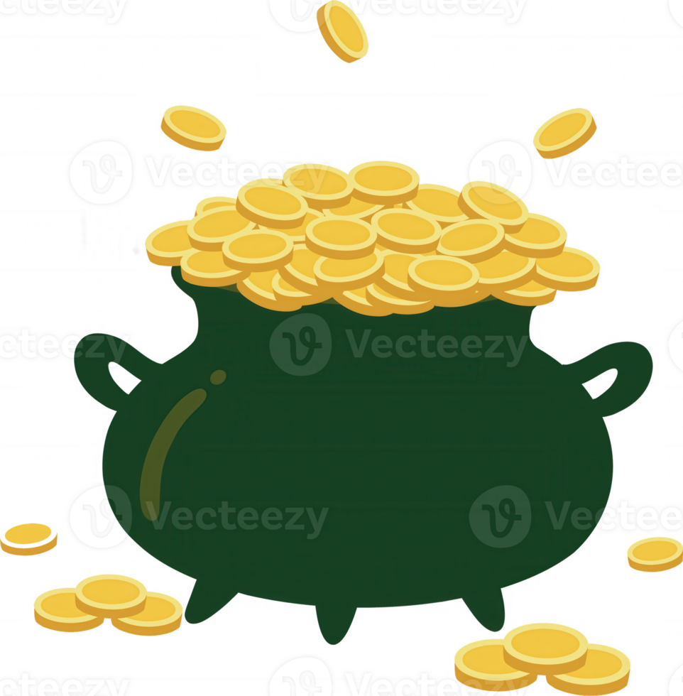 A whimsical pot overflowing with shiny gold coins, symbolizing wealth and prosperity. png