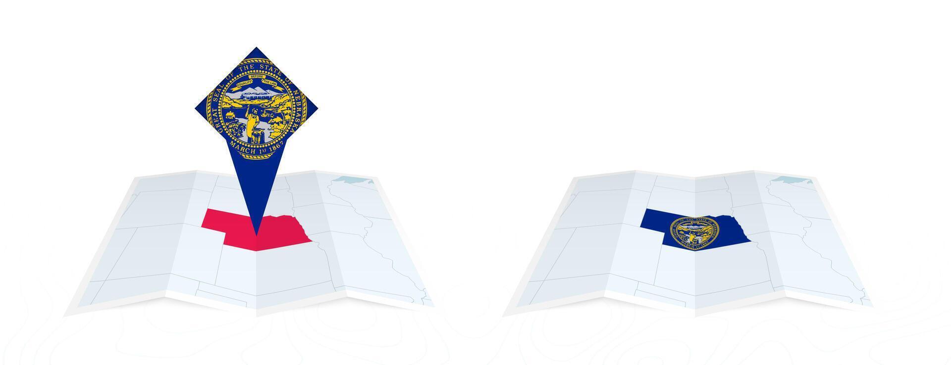 Two versions of an Nebraska folded map, one with a pinned country flag and one with a flag in the map contour. Template for both print and online design. vector
