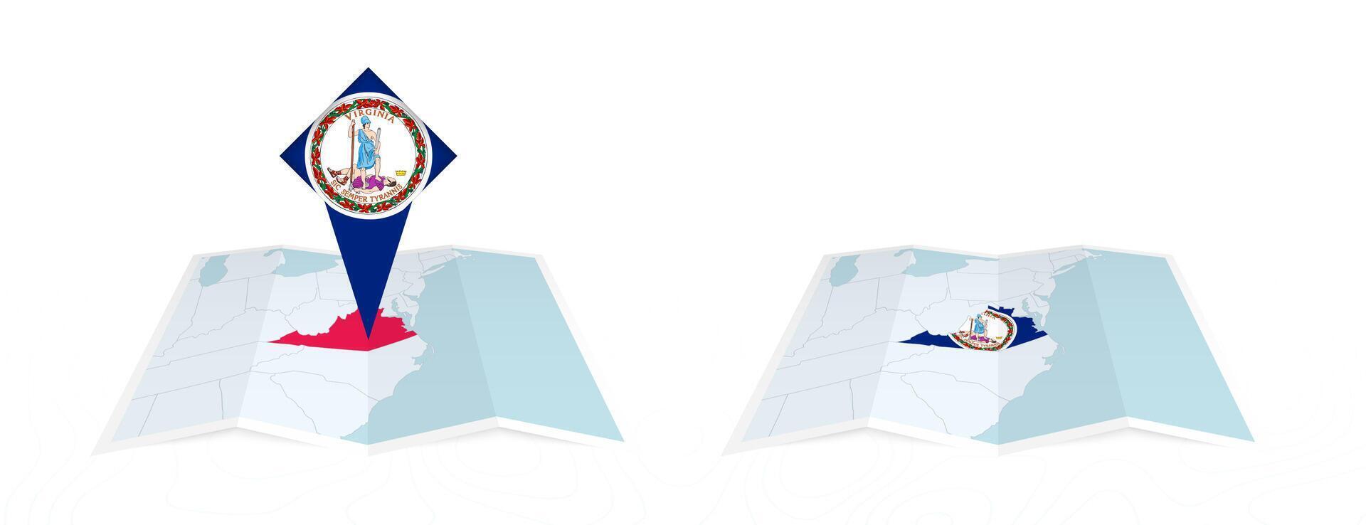 Two versions of an Virginia folded map, one with a pinned country flag and one with a flag in the map contour. Template for both print and online design. vector