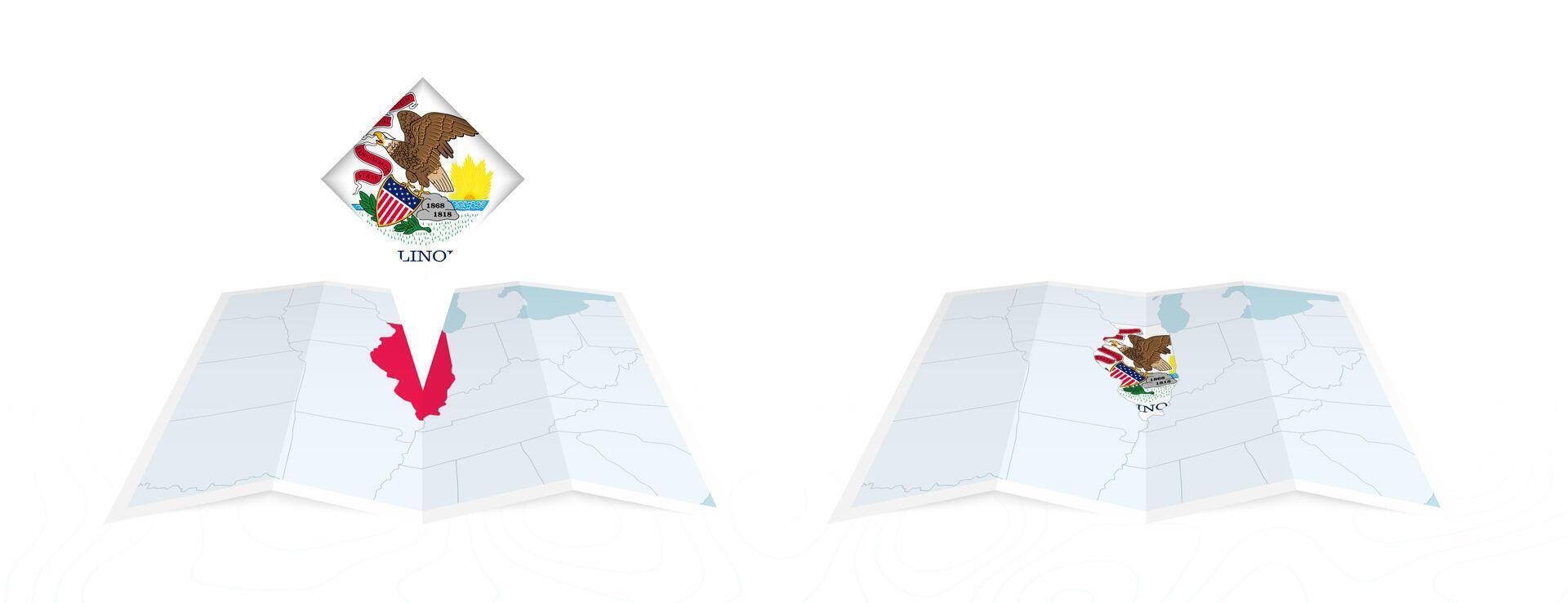 Two versions of an Illinois folded map, one with a pinned country flag and one with a flag in the map contour. Template for both print and online design. vector