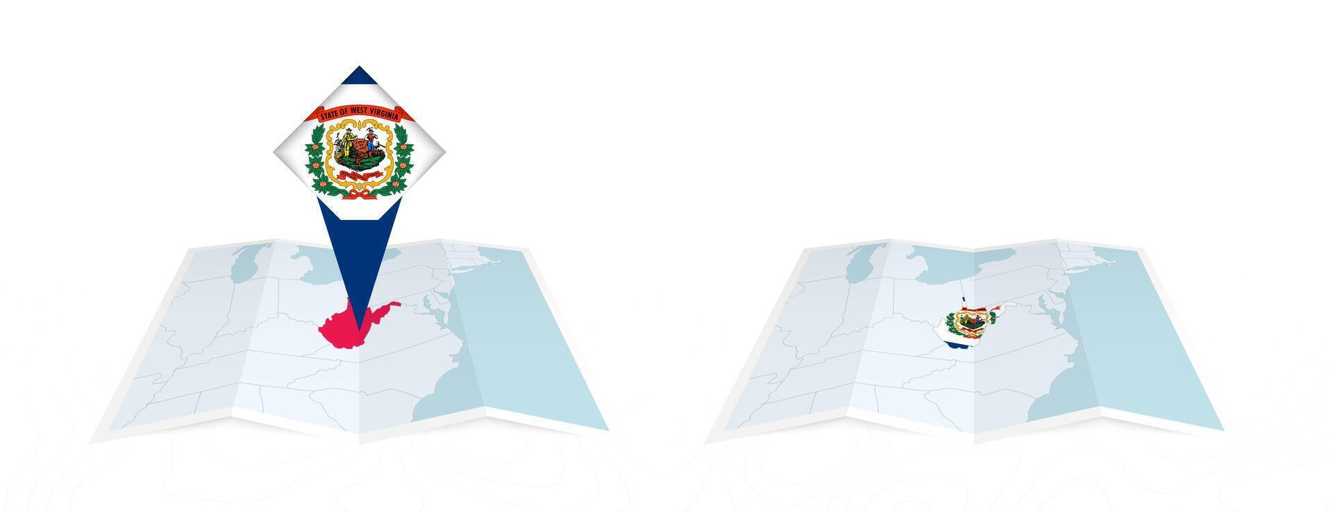 Two versions of an West Virginia folded map, one with a pinned country flag and one with a flag in the map contour. Template for both print and online design. vector